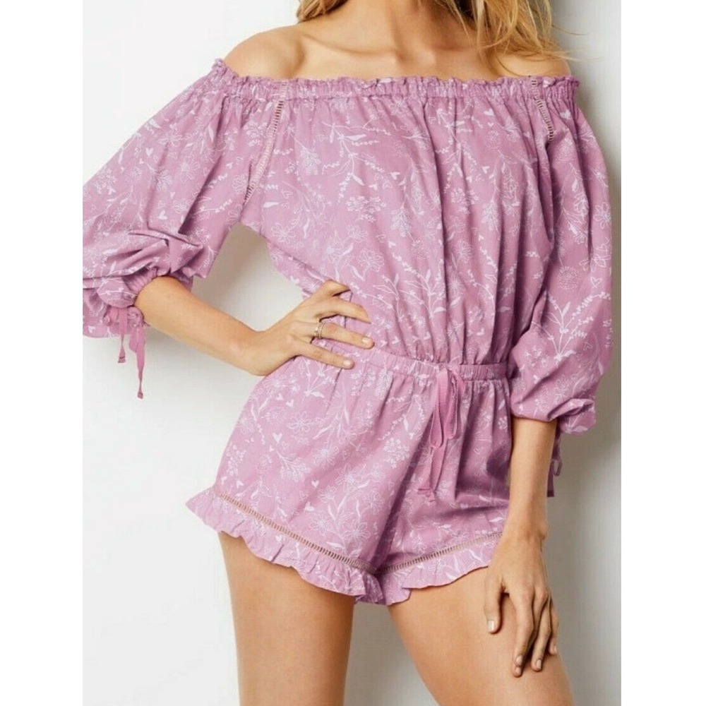 VTG Victorias Secret Off The Shoulder Floral Romper XS Pink Ruffle Coquette Bow‎
